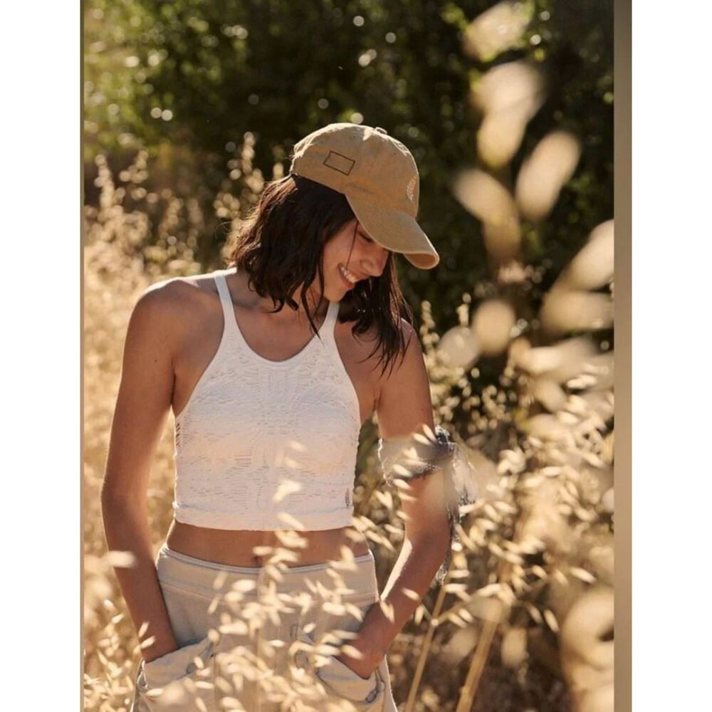 Free People FP Movement XS S ivory tank Happiness Runs floral crop top shirt - Picture 8 of 9